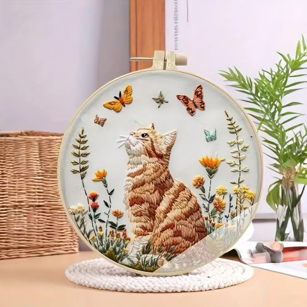 NONECN Cat and Flower Embroidery Kit for Beginners