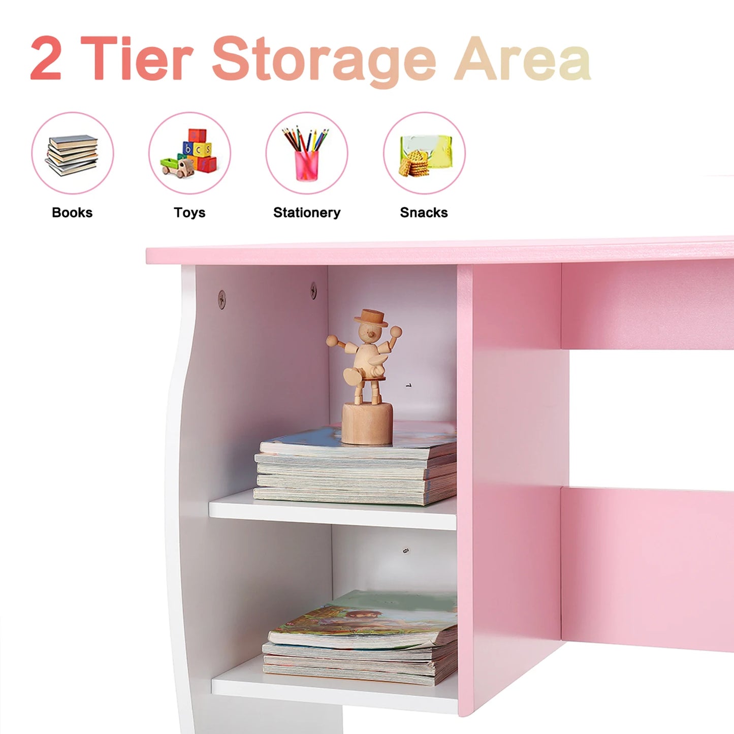 Kids Wooden Study Desk And Chair Set With Storage Shelf For Home Use