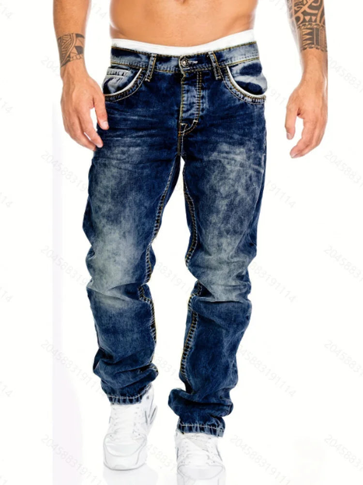 Men's Vintage Washed Straight Denim Jeans With Zipper Fly