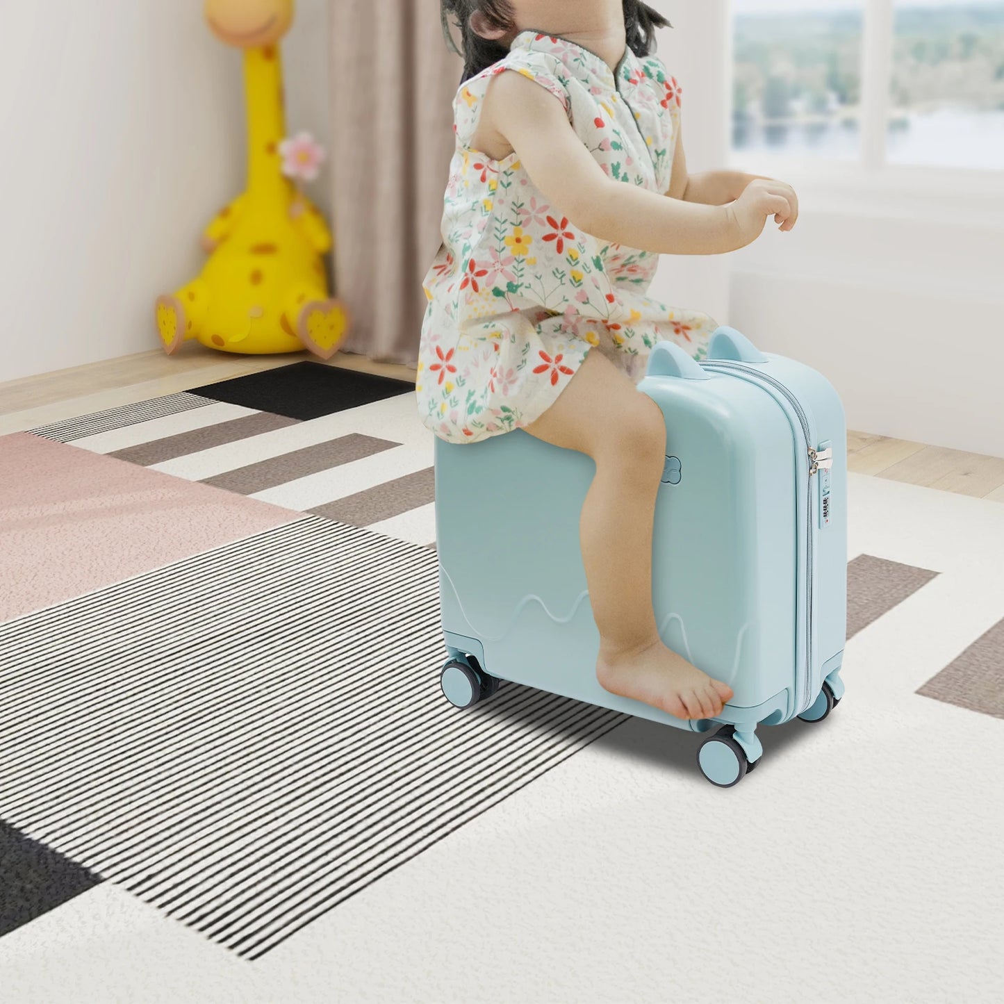 18 Inch Kids Ride On Suitcase Rolling Luggage With Password Lock Portable Cute Scooter Travel Companion