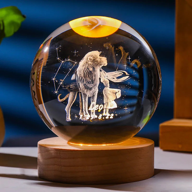 3D Constellation Crystal Ball Night Light with Wooden USB Base