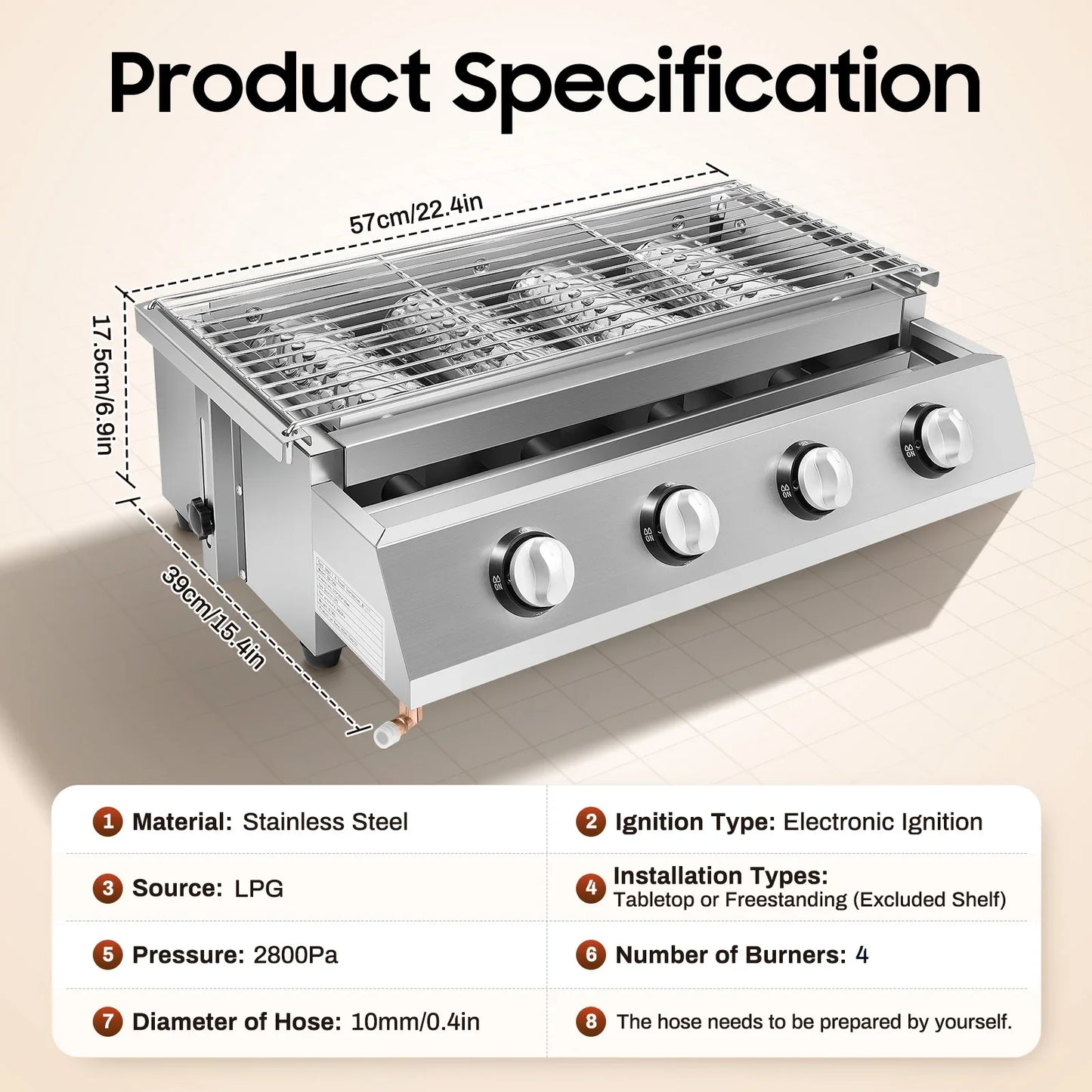 4 Burner Stainless Steel Gas Grill Griddle With Ignition