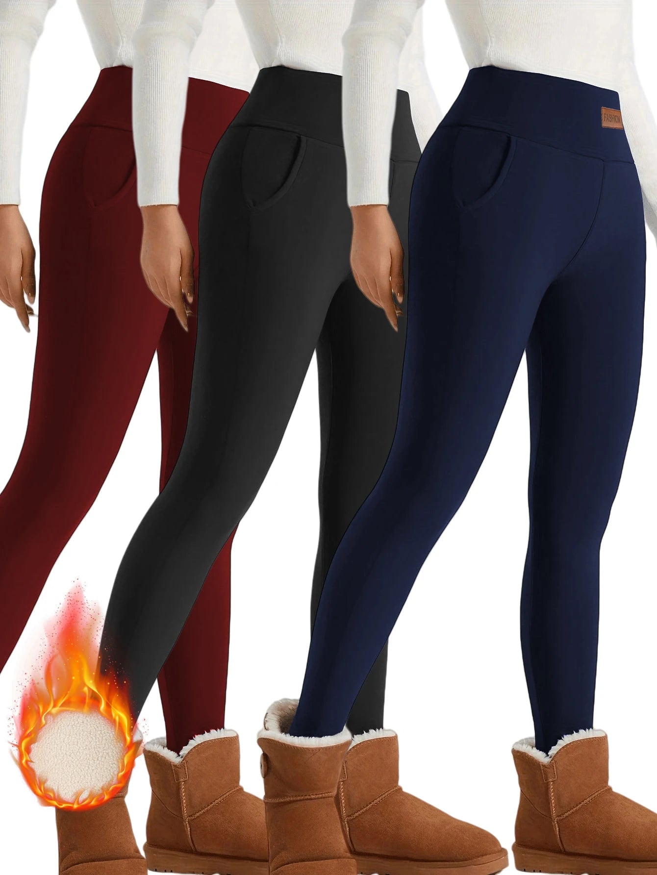 Fleece Lined High Waist Leggings Women Winter Windproof 3 Pack