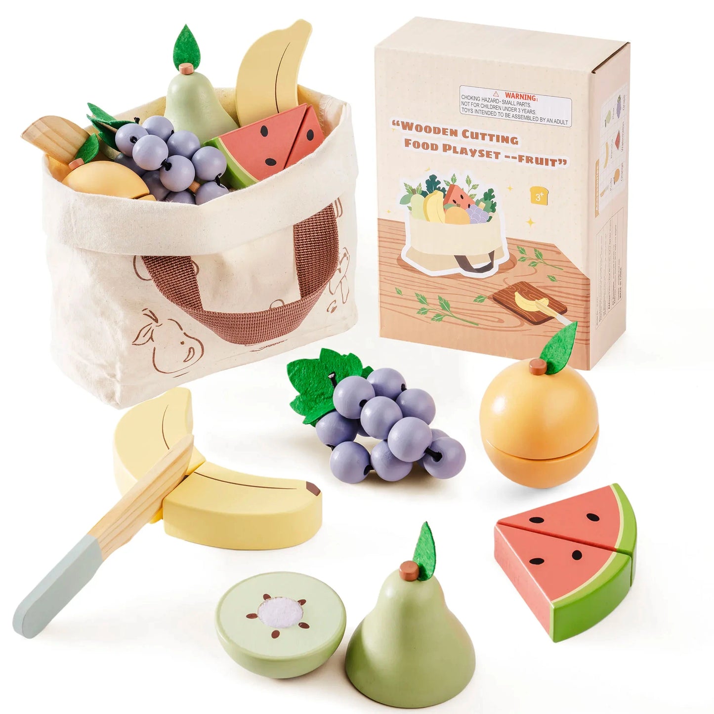 ROBUD Wooden Pretend Play Food Set Cutting Toy Food Play Kitchen Accessories Toy Food with Storage Bag Toys Gifts for Girls Boys