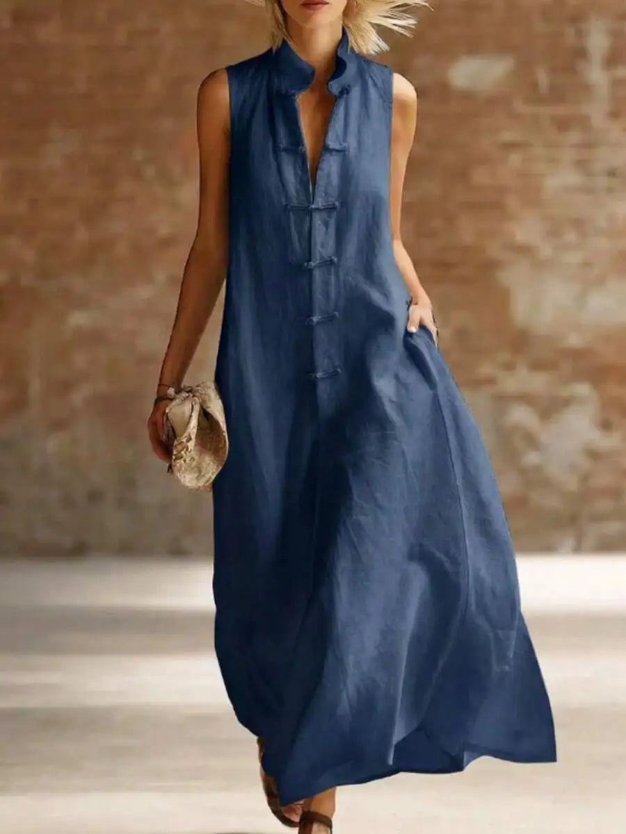 Linen Cotton Stand Collar Frog Button Long Dress For Women