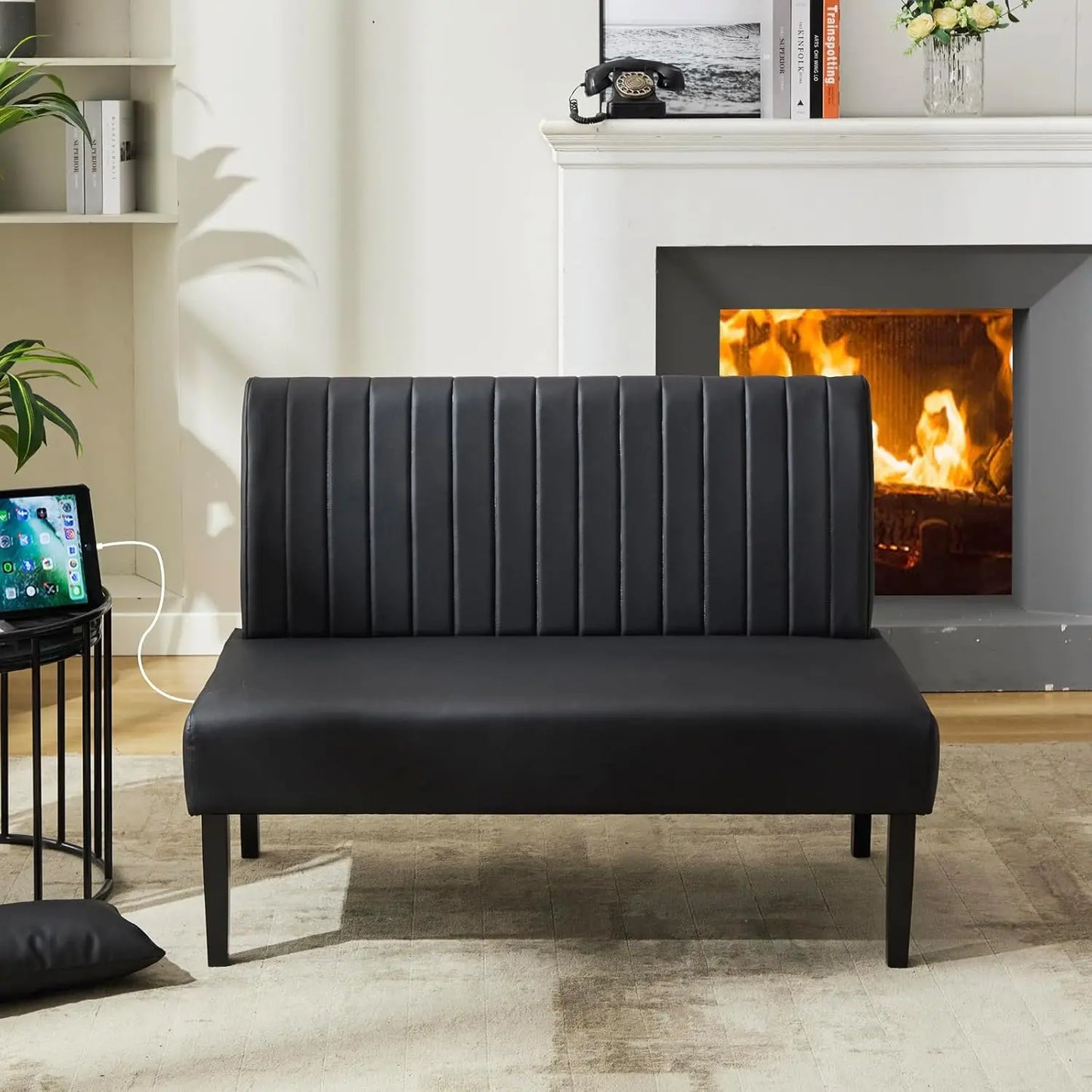 43 Inch Black Leather Armless Loveseat With USB Port