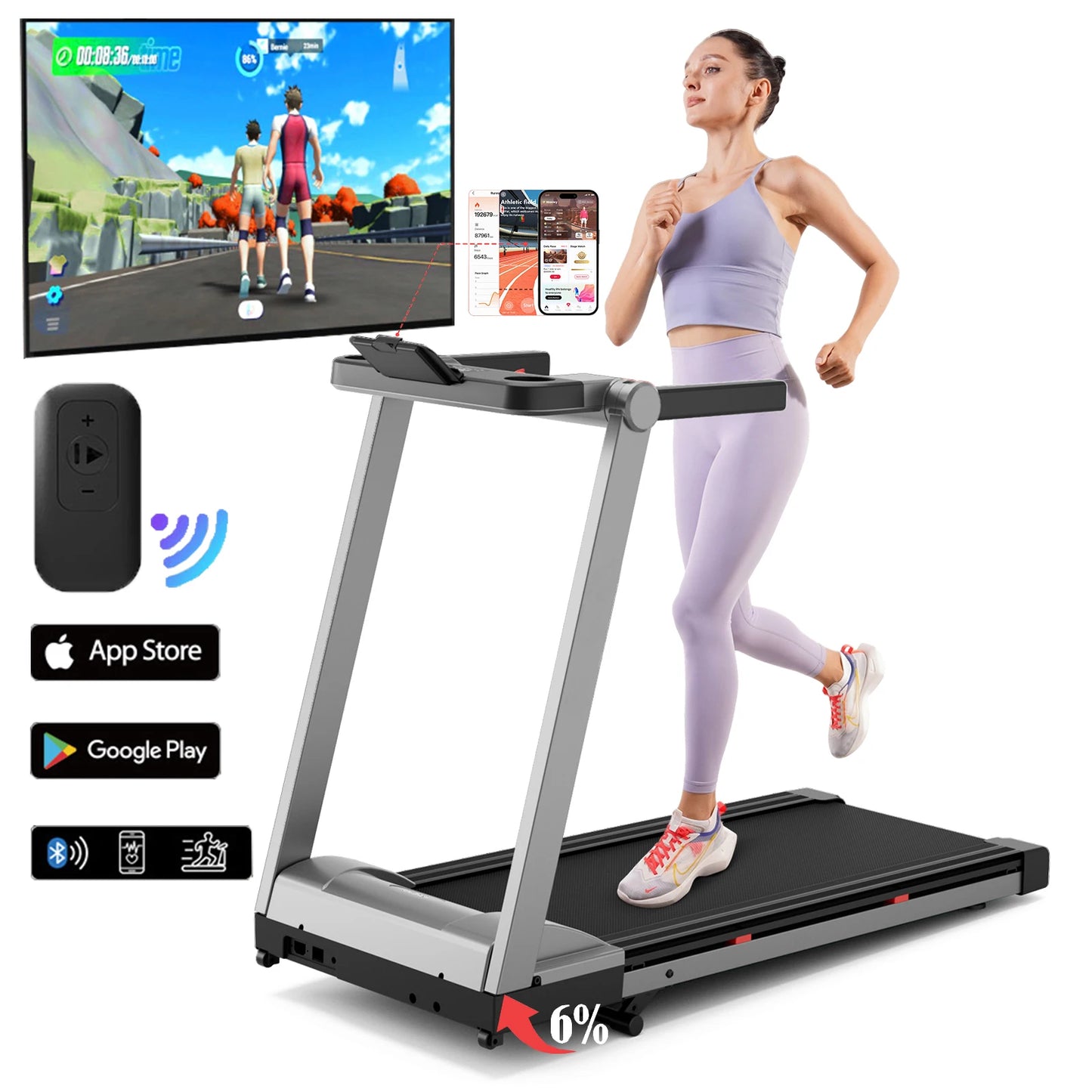 ThreePointFiveHP Foldable Incline Treadmill With Handle Bar Holder And App