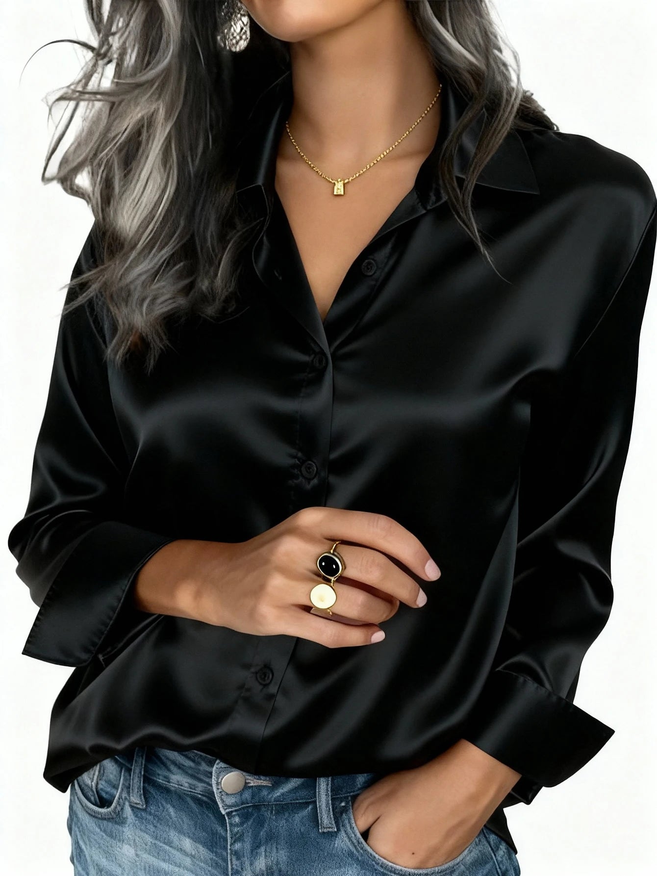 Satin Button Up Blouse Office Wear Elegant Collared Design