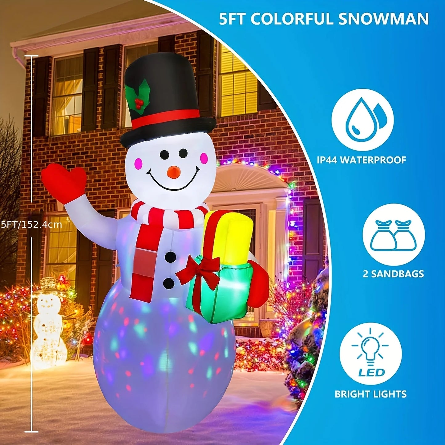 Five Foot LED Christmas Inflatable Snowman Outdoor Decor