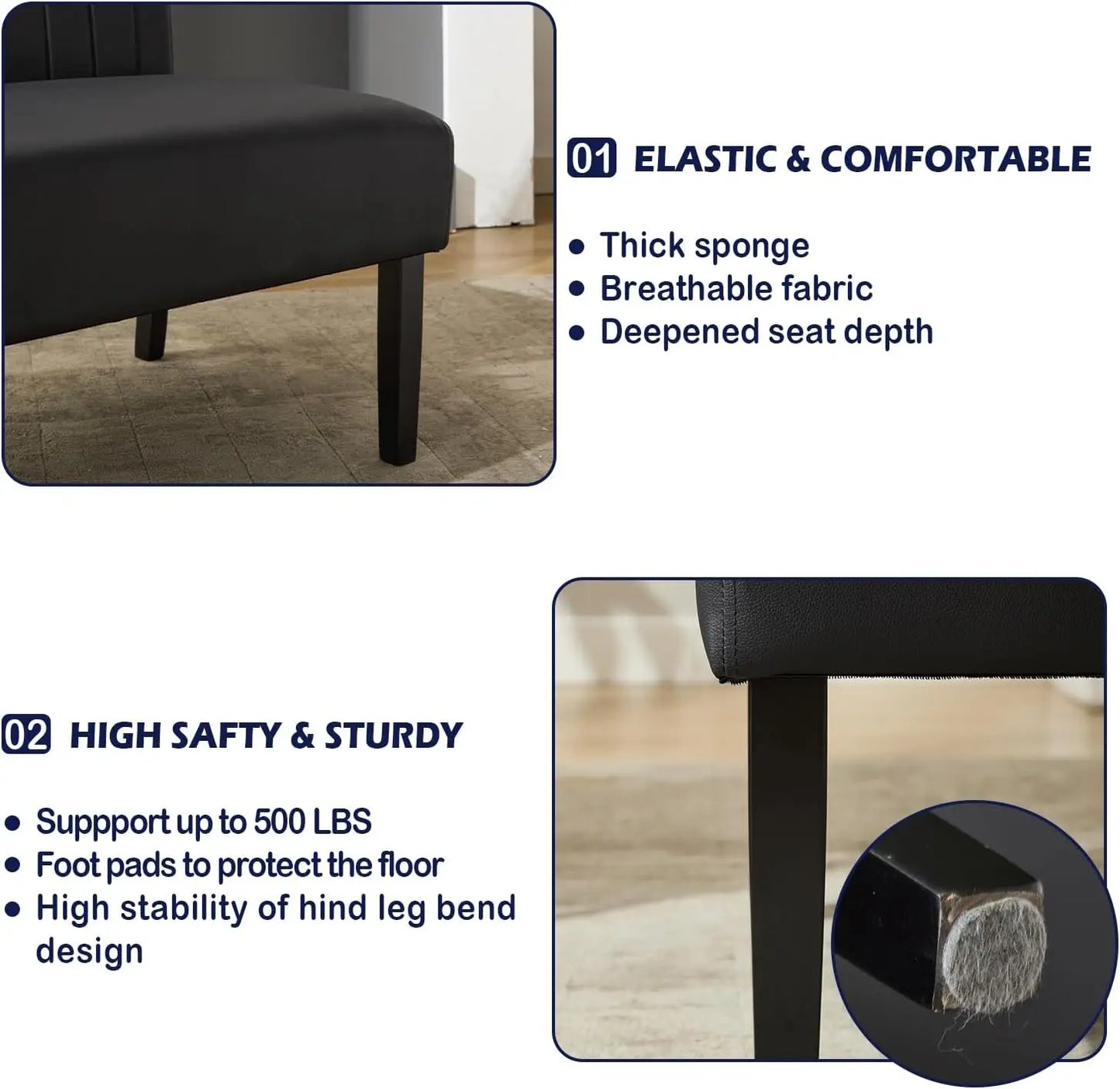 43 Inch Black Leather Armless Loveseat With USB Port