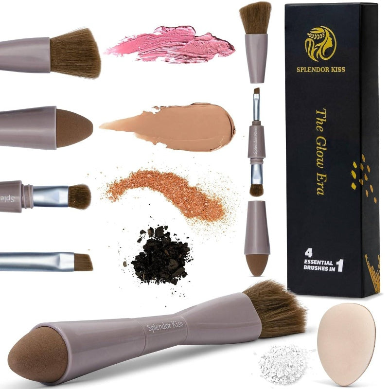 4-in-1 All-in-One Travel Makeup Brush Set with Bonus Foundation, Concealer, Eyeshadow, Blush, Contouring & Powder Puff - Professional Vegan & Ethically Made Synthetic Bristle Brushes with Handle & Golden Caps - Compact Case I