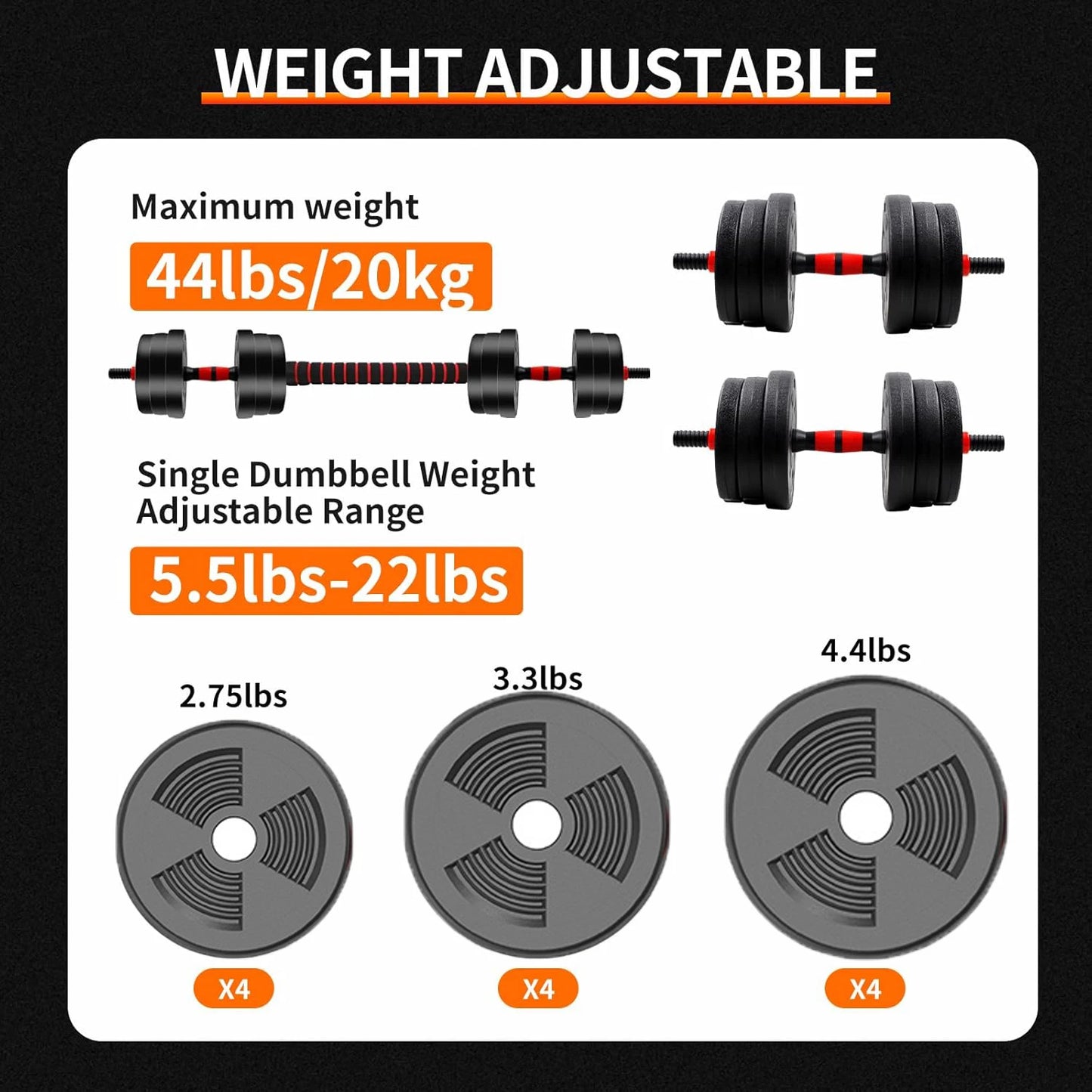 5 To 44 Lbs Adjustable Dumbbell Barbell Set With Non Slip Grip For Home Gym