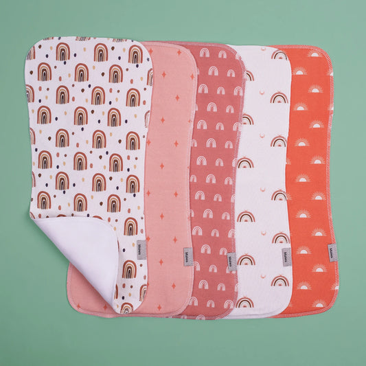 Soft Organic Cotton Burp Cloths for Babies, 5-Pack Absorbent Muslin Spit-Up Cloths, Cute Print Drool Bibs for Newborns, Washable