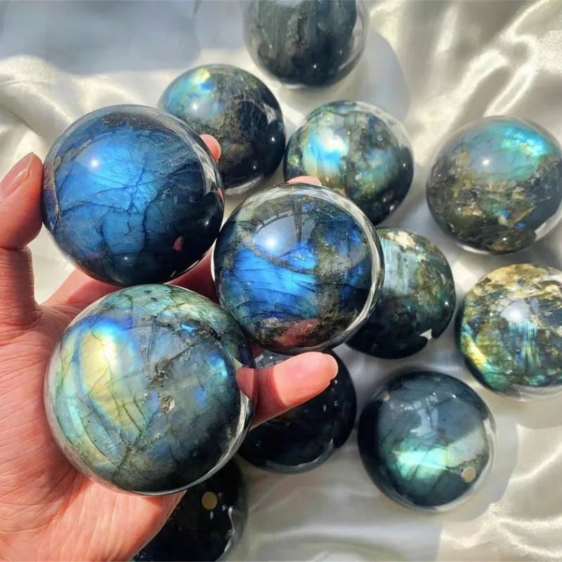 Natural Blue Labradorite Quartz Sphere Hand Carved Decor