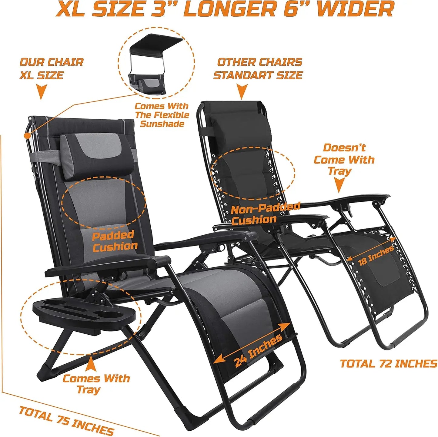 XXL Oversize Recliner Folding Chair Outdoor Zero Gravity Sunshade Patio