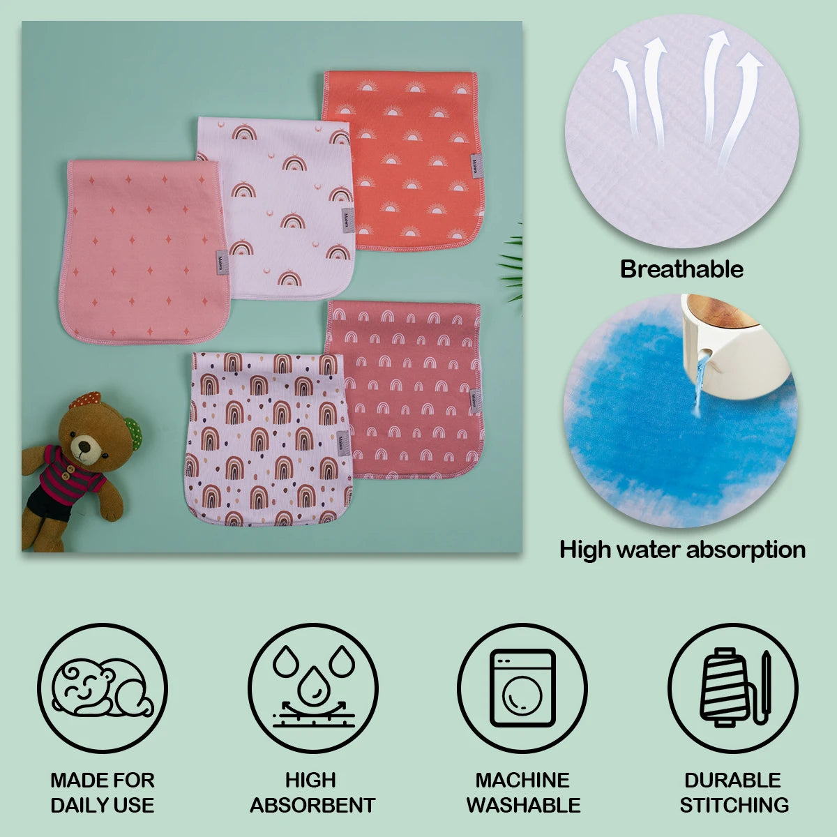 Soft Organic Cotton Burp Cloths for Babies, 5-Pack Absorbent Muslin Spit-Up Cloths, Cute Print Drool Bibs for Newborns, Washable