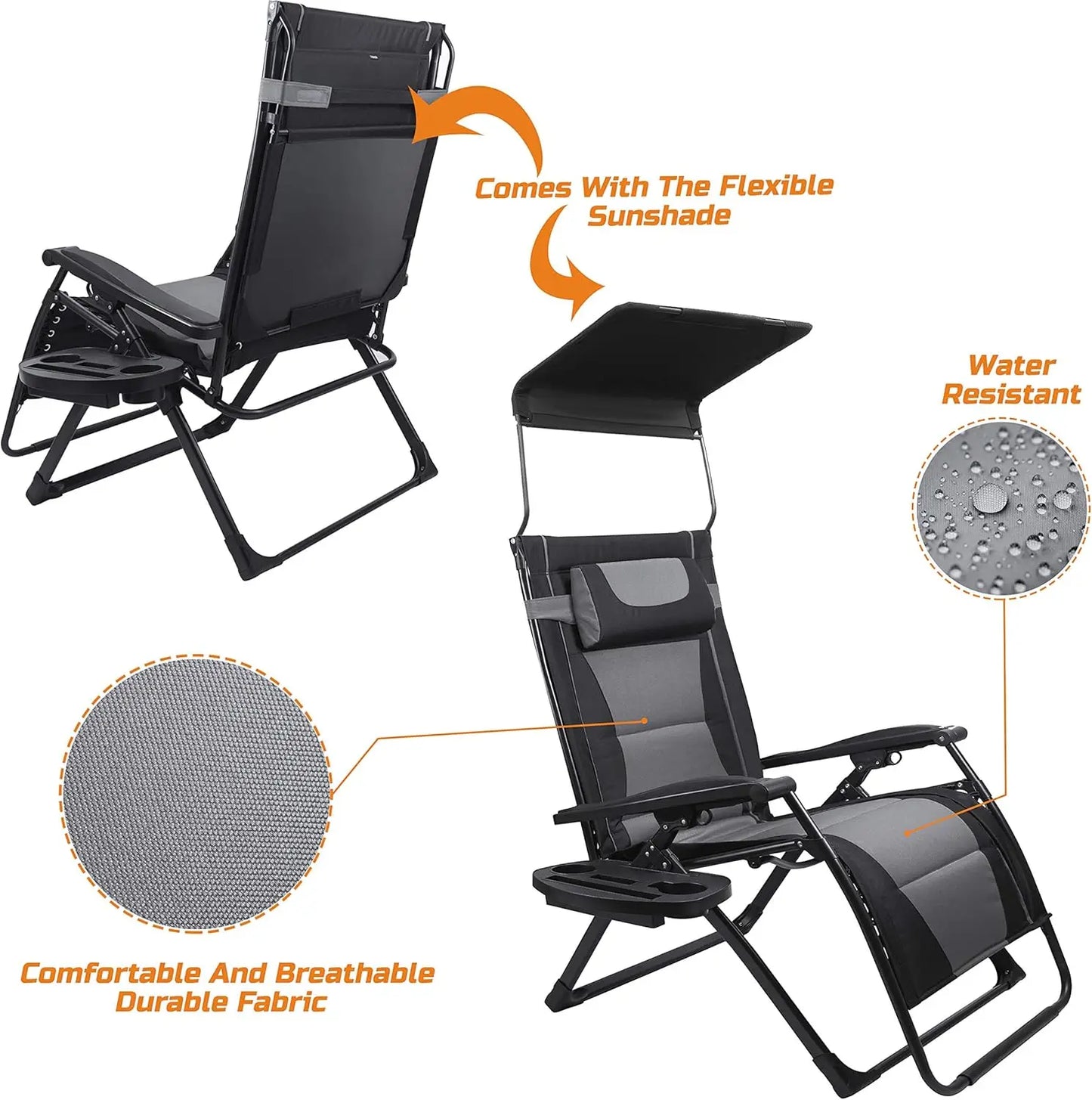 XXL Oversize Recliner Folding Chair Outdoor Zero Gravity Sunshade Patio