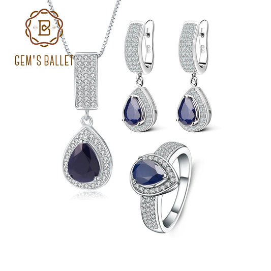 Gems Ballet Natural Blue Sapphire Jewelry Set 925 Sterling Silver