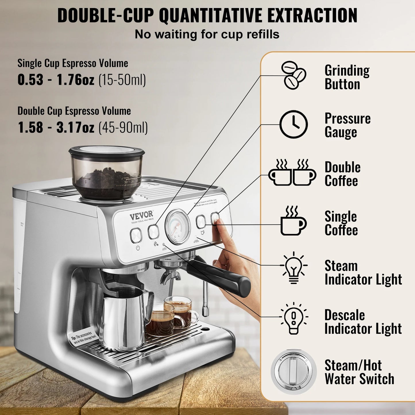 VEVOR Espresso Machine With Grinder 15 Bar Steam Frother