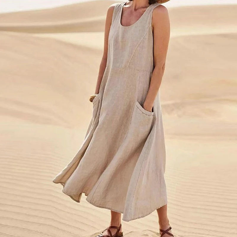 INSTYLISH Women Cotton Linen Sleeveless A Line Dress With Pockets