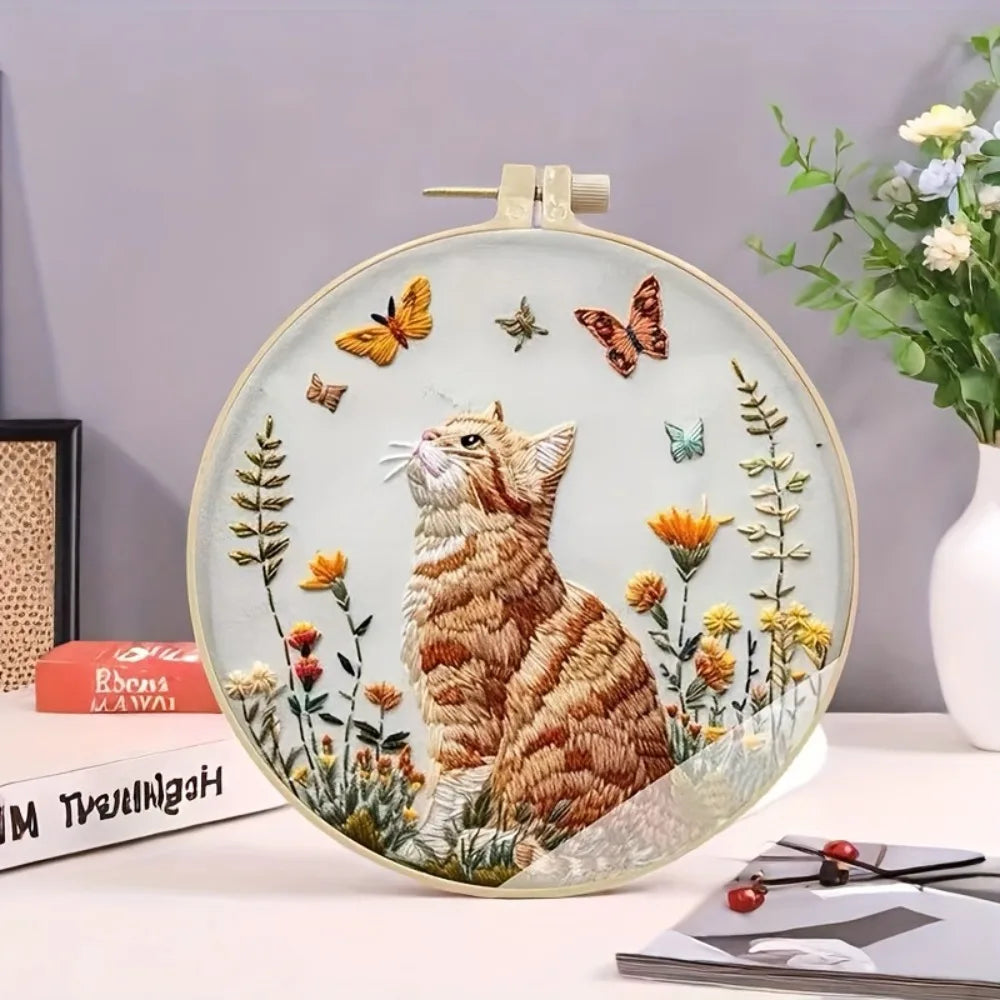 NONECN Cat and Flower Embroidery Kit for Beginners