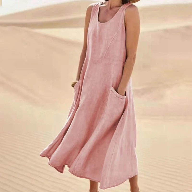 INSTYLISH Women Cotton Linen Sleeveless A Line Dress With Pockets