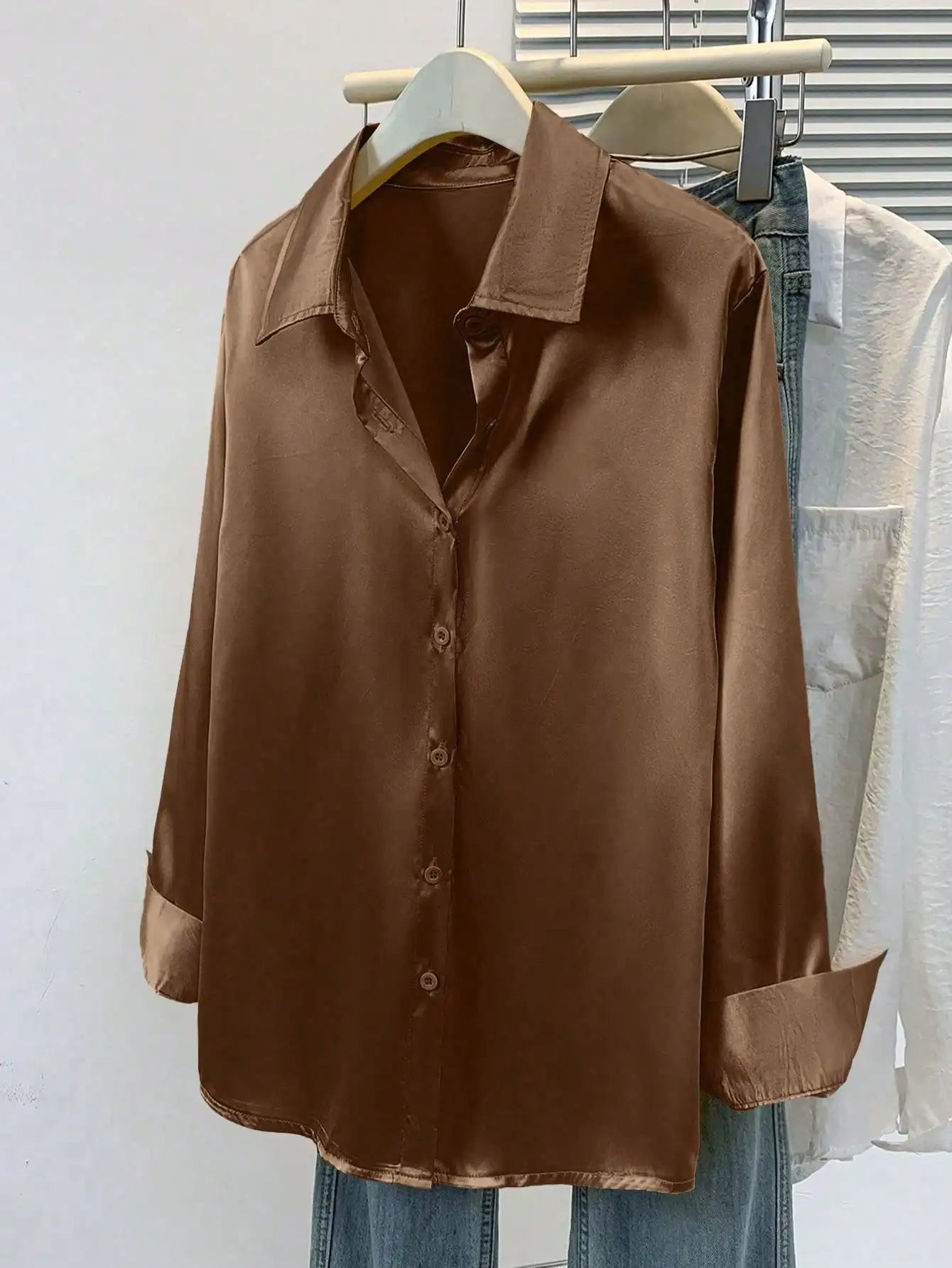 Satin Button Up Blouse Office Wear Elegant Collared Design