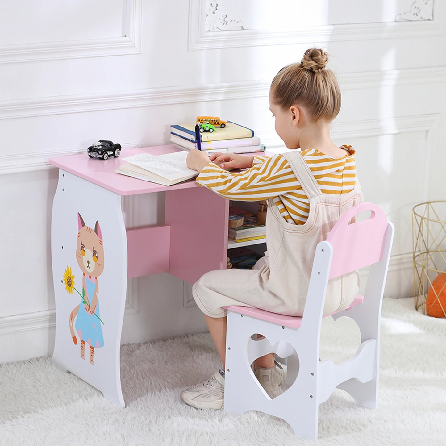 Kids Wooden Study Desk And Chair Set With Storage Shelf For Home Use
