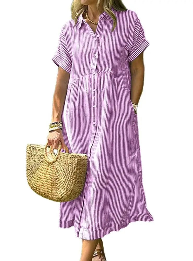 Womens Striped Midi Shirt Dress Loose Button Down Cotton Linen