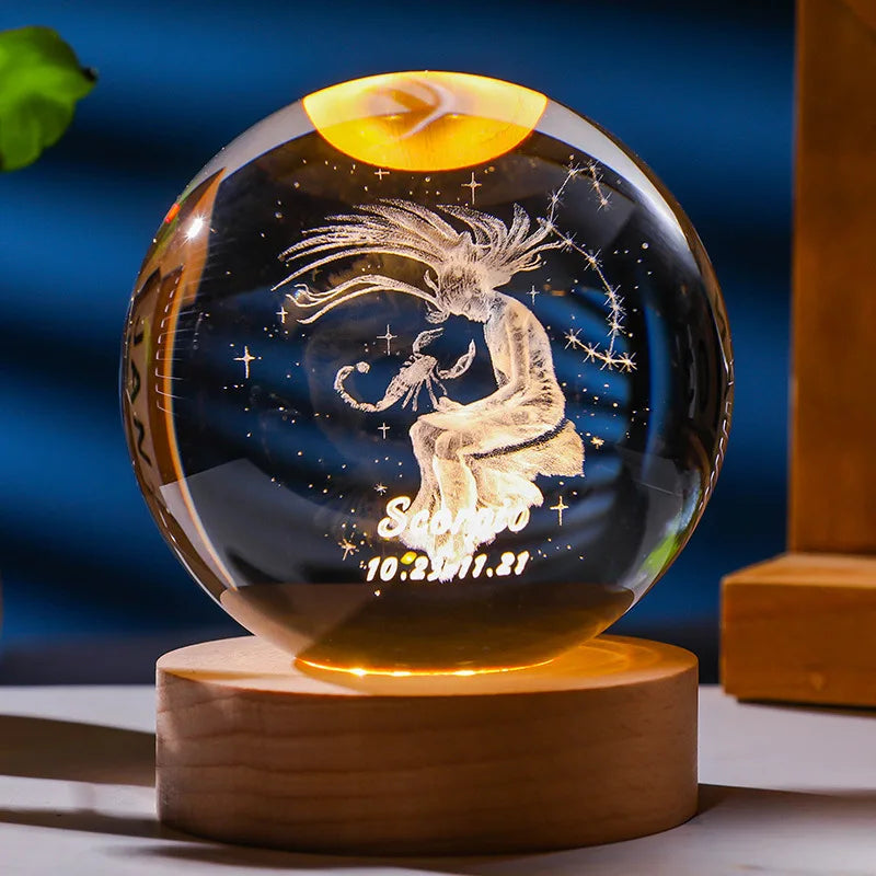 3D Constellation Crystal Ball Night Light with Wooden USB Base