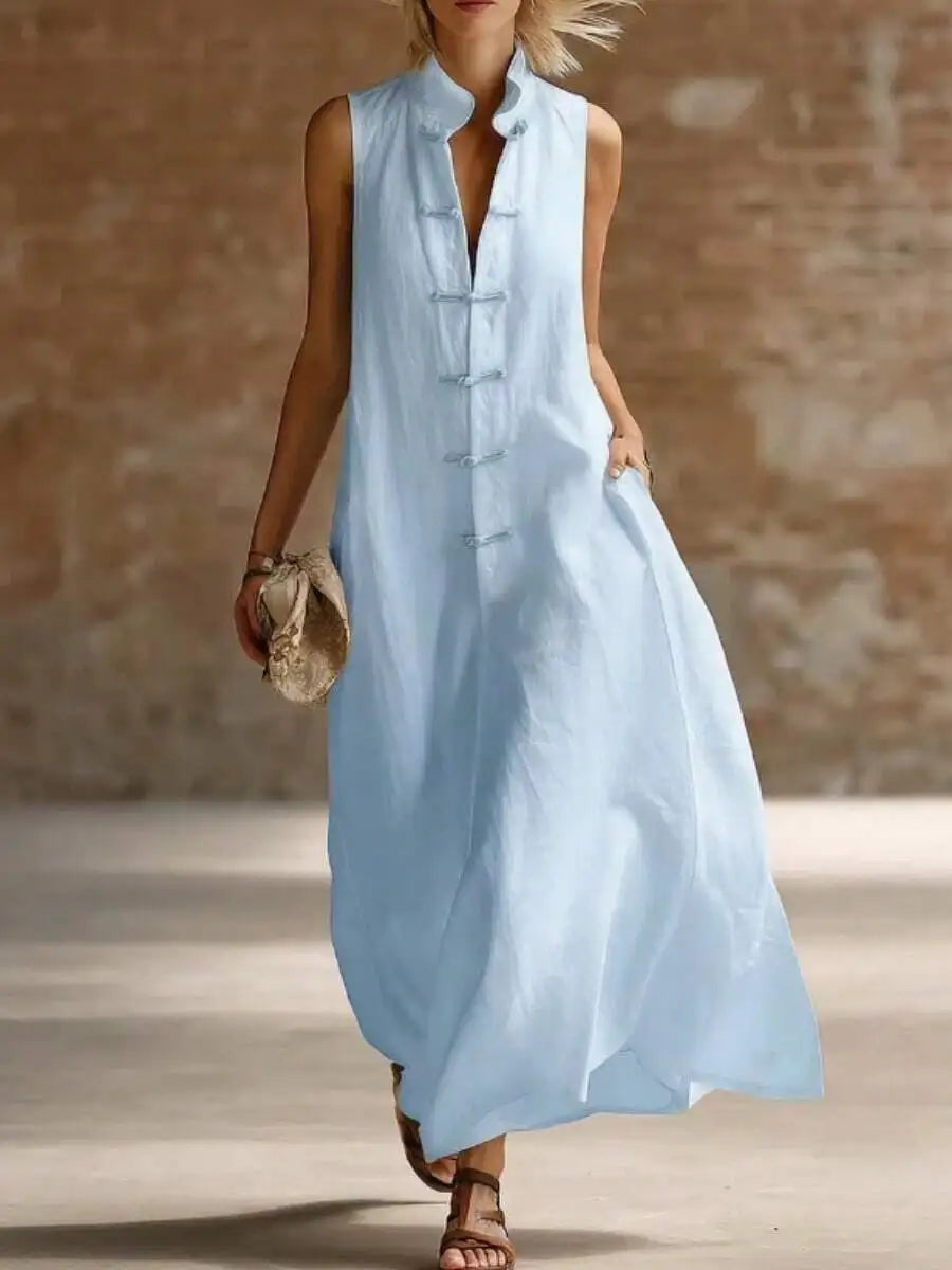 Linen Cotton Stand Collar Frog Button Long Dress For Women