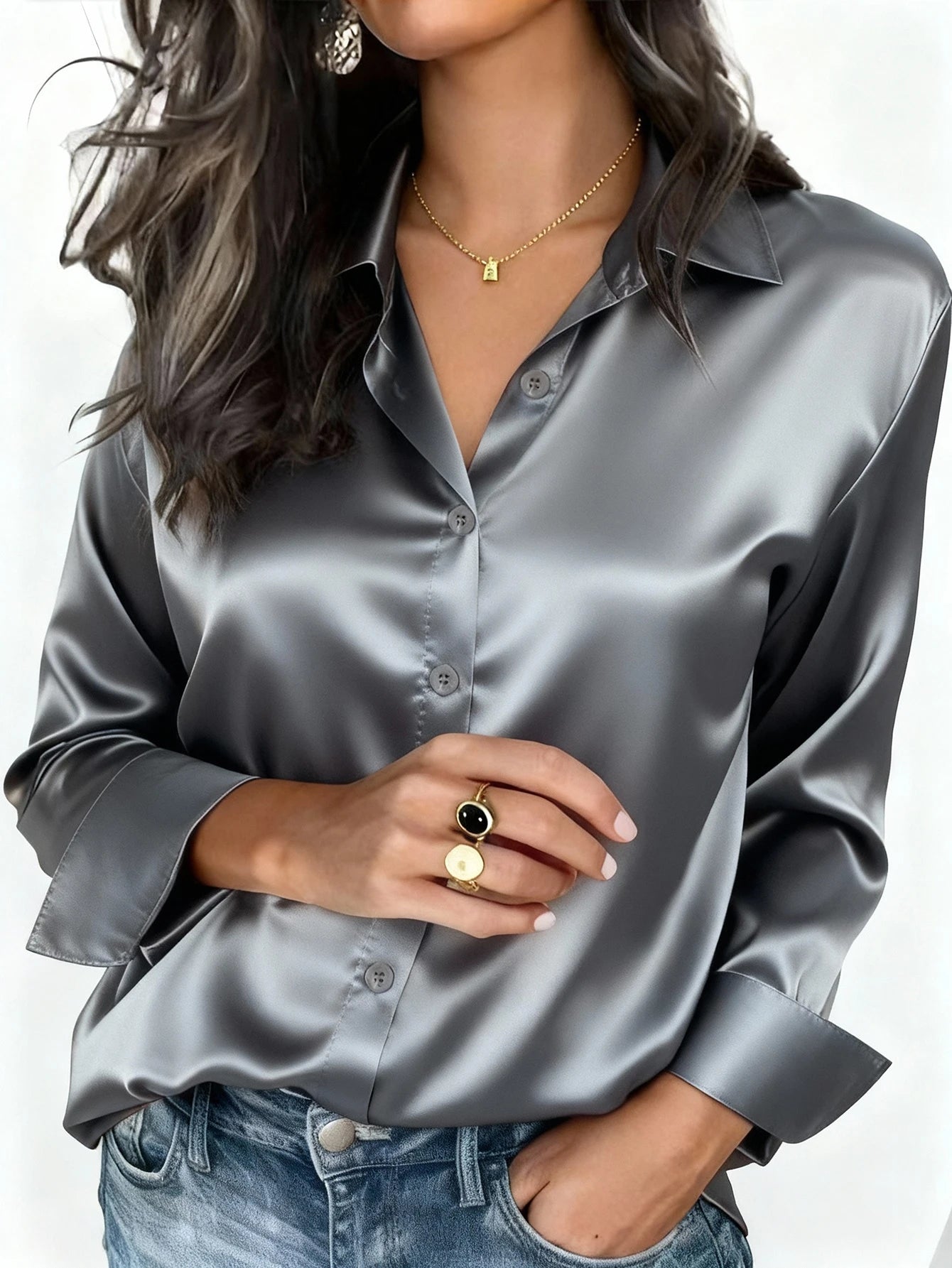 Satin Button Up Blouse Office Wear Elegant Collared Design