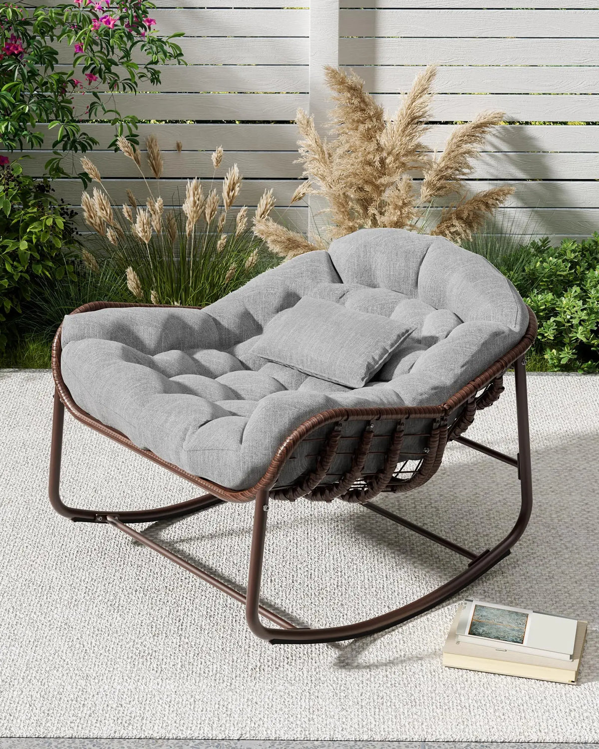Grey Oversized Rattan Egg Rocking Chair With Steel Frame