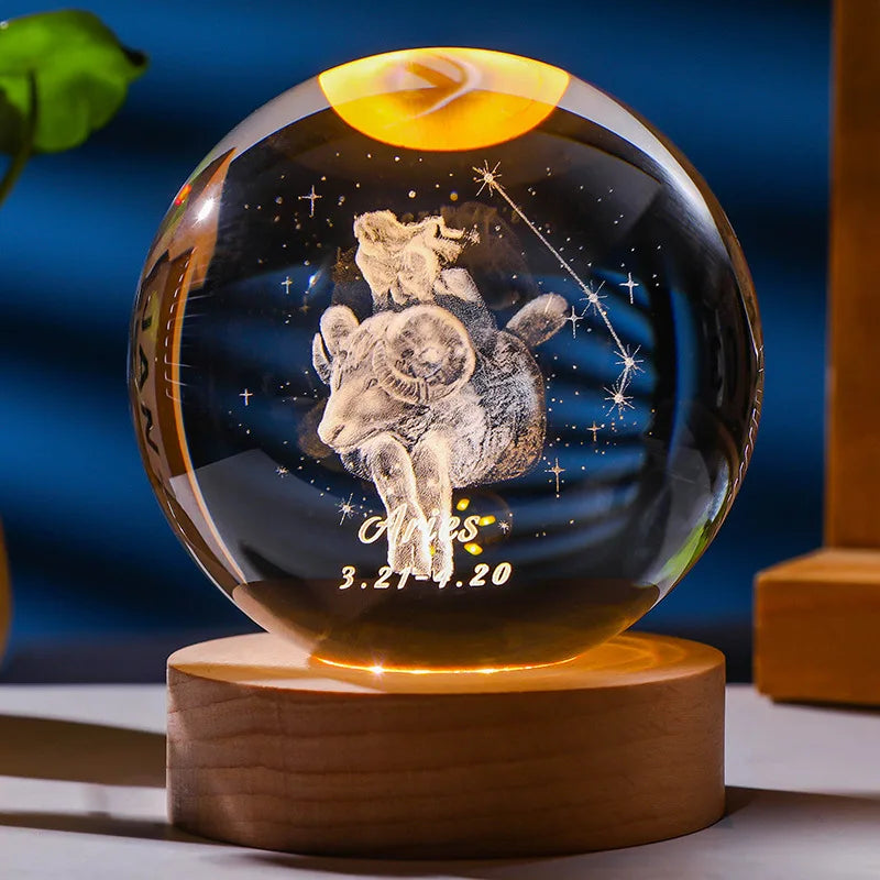 3D Constellation Crystal Ball Night Light with Wooden USB Base