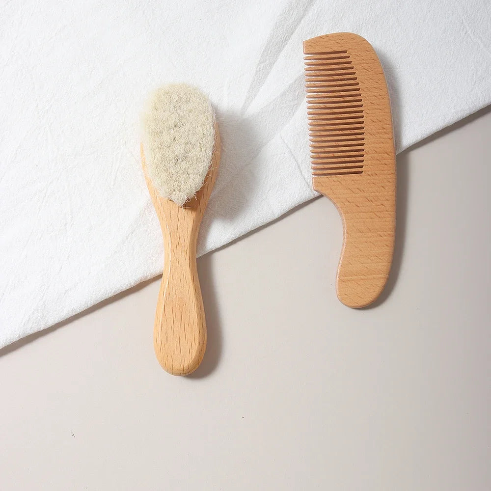 2 Piece Baby Care Hair Wool Brush And Beech Wood Comb
