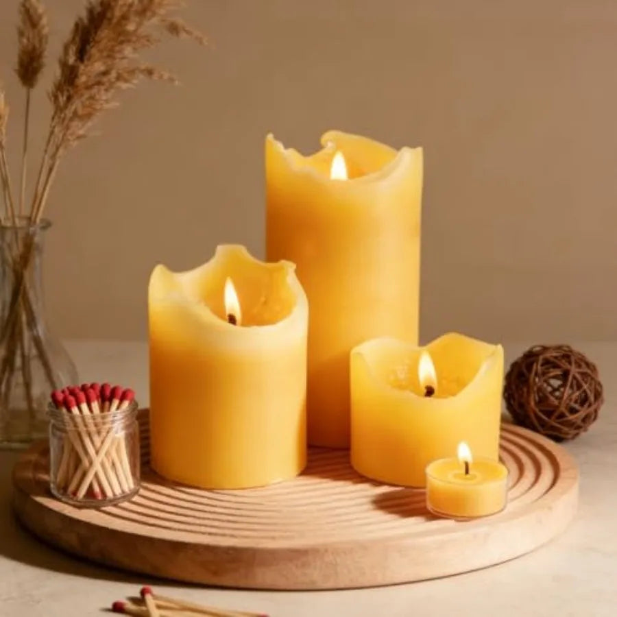 Natural Beeswax Pillar Candles Set 3 Pack Dripless Smokeless Tealights