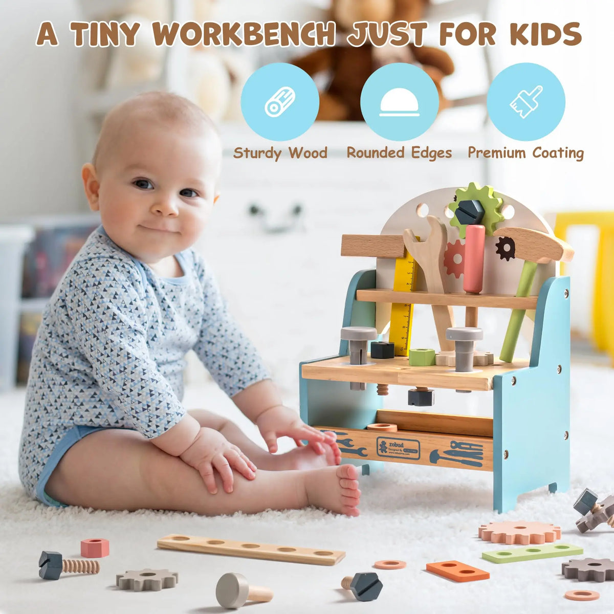Robud Wooden Play Tool Workbench Set For Kids Montessori Toy