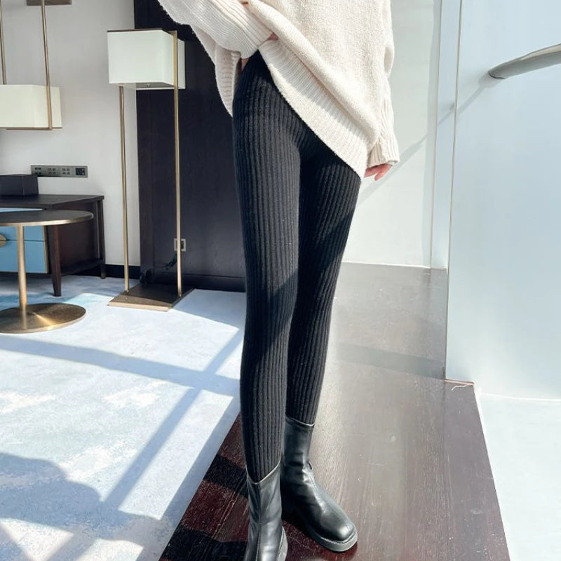 Autumn Women's High Waist Ribbed Thermal Knit Leggings Ankle Length