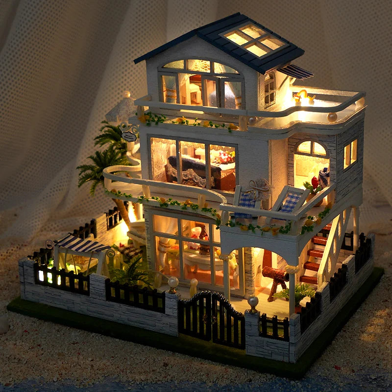 DIY Wooden Mini Seaside Villa Dollhouse Kit With Furniture