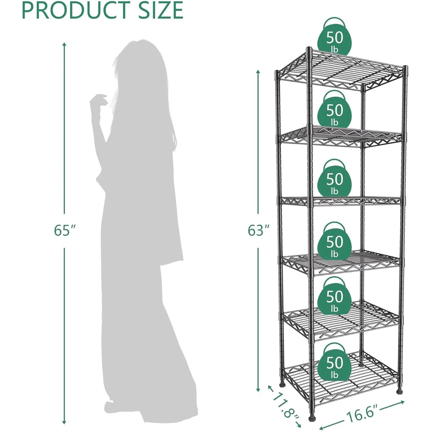 Six Tier Metal Storage Shelves Adjustable Height Pantry Rack