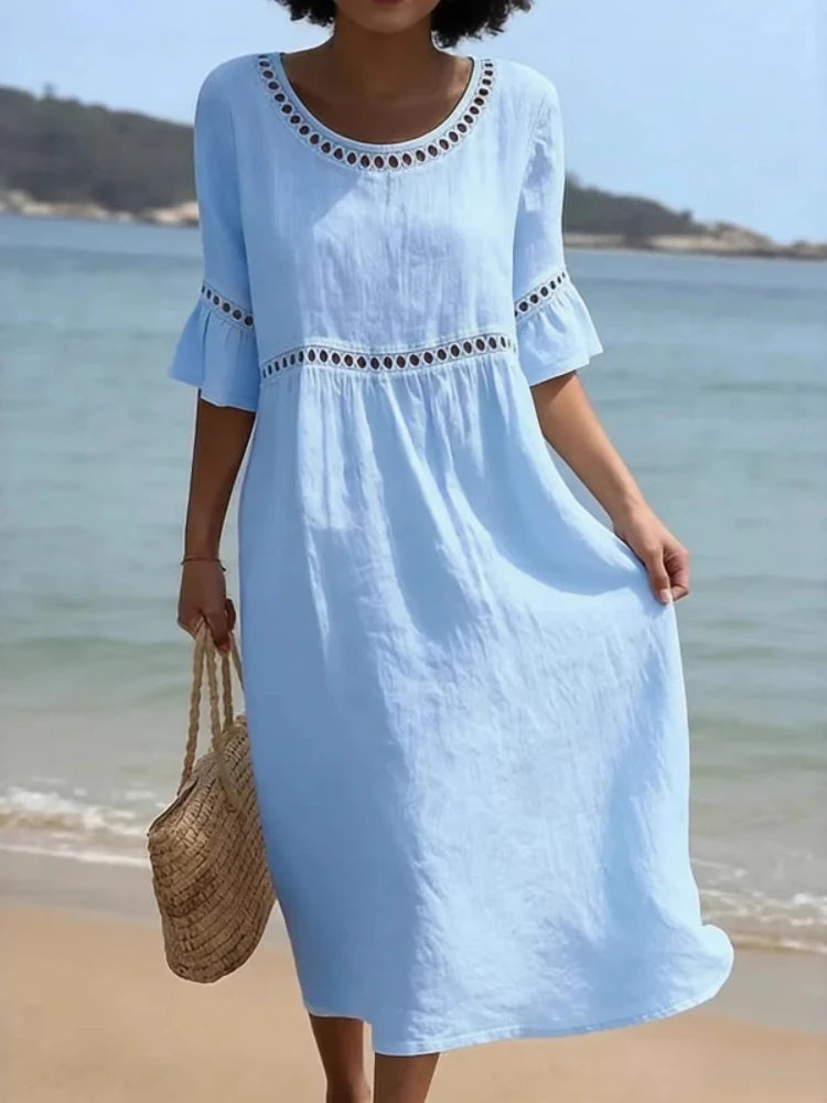 Mystflora Cotton Linen Hollow Out Round Neck Dress For Women