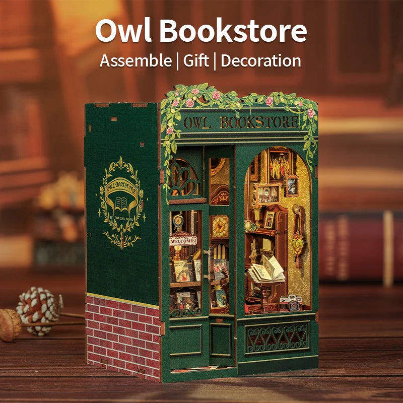 CUTEBEE DIY Book Nook Kit Wooden Owl Bookstore With Lights