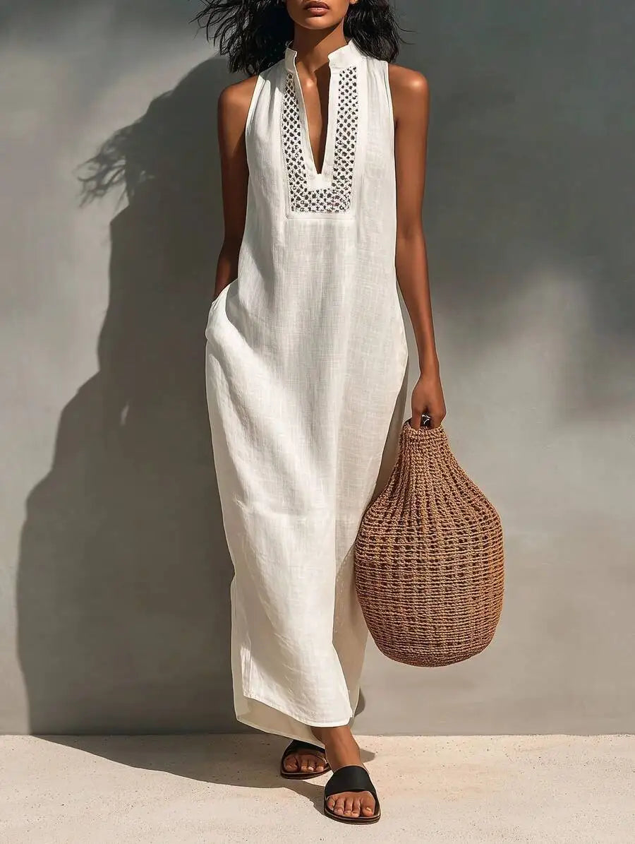 Linen Blend Sleeveless Maxi Dress With Pockets For Women