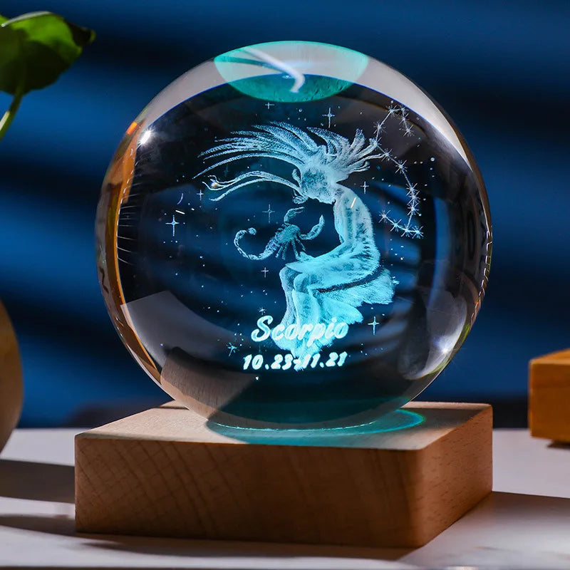 3D Constellation Crystal Ball Night Light with Wooden USB Base
