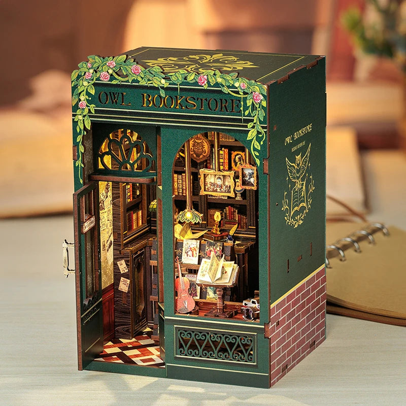 CUTEBEE DIY Book Nook Kit Wooden Owl Bookstore With Lights