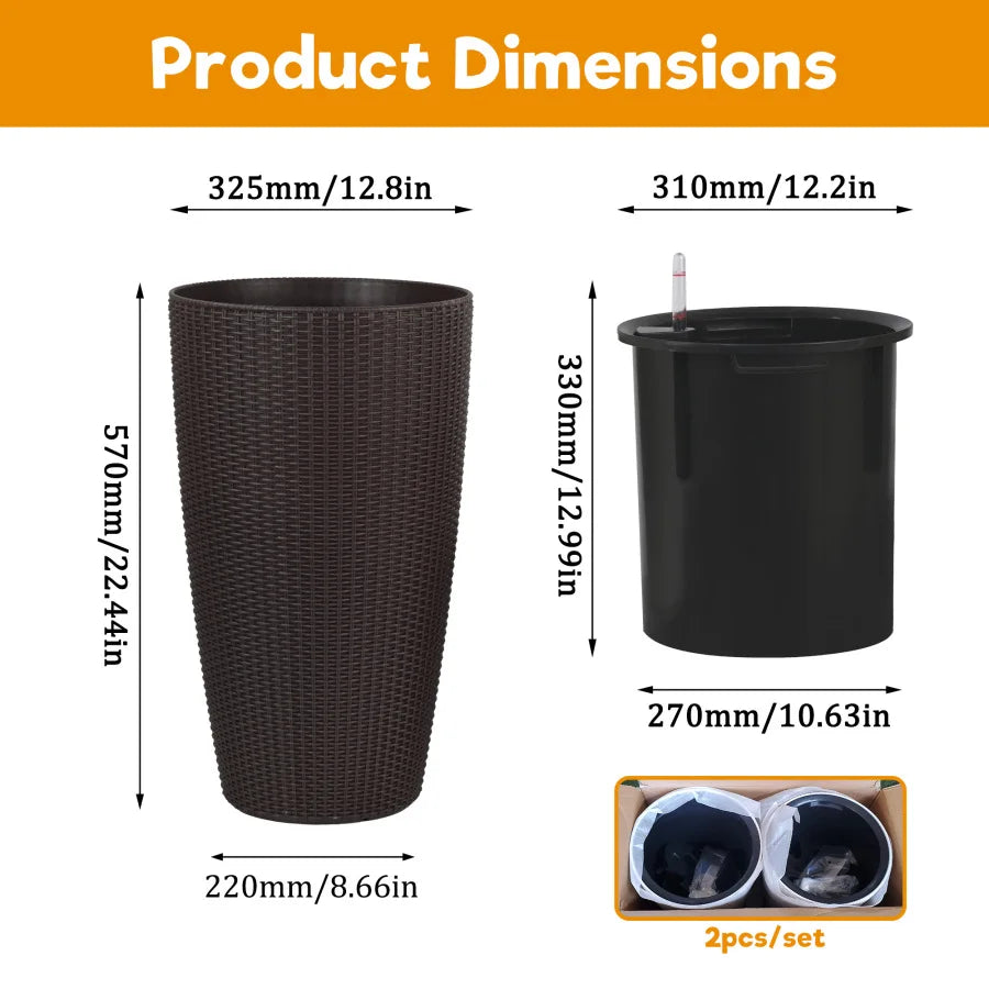 Faux Rattan Tall Planters Set of 2 With Water Monitor