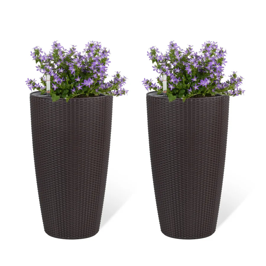 Faux Rattan Tall Planters Set of 2 With Water Monitor