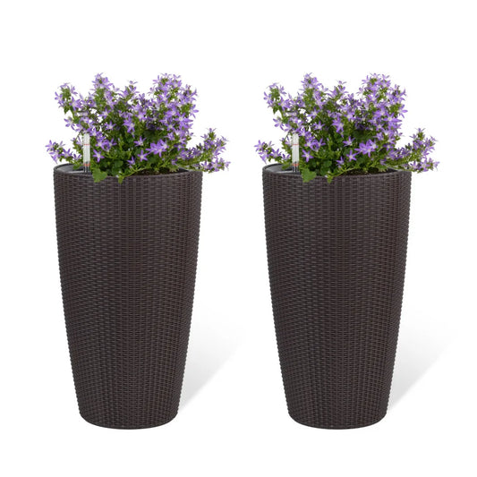 Faux Rattan Tall Planters Set of 2 With Water Monitor