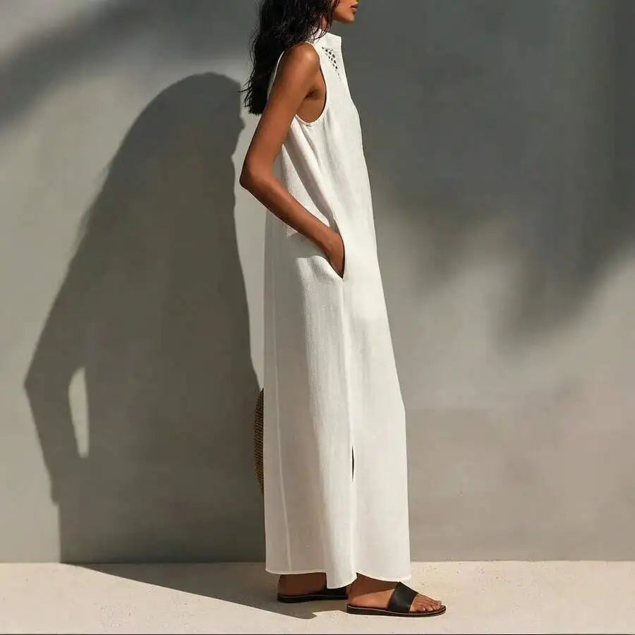 Linen Blend Sleeveless Maxi Dress With Pockets For Women
