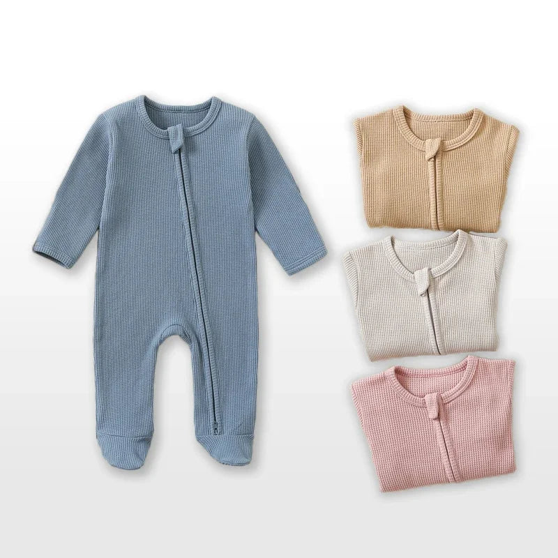 Organic Cotton Baby Romper Zipper Footed Sleepsuits Waffle